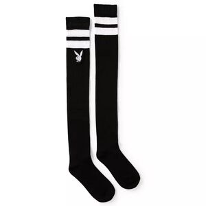 PLAYBOY Black and White Stripe Over the Knee Rabbit Logo Socks